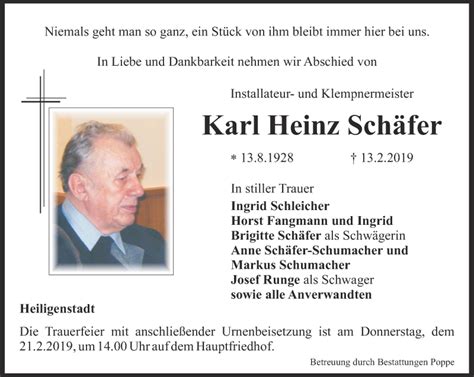 Traueranzeigen Von Karl Heinz Sch Fer Trauer In Thueringen De