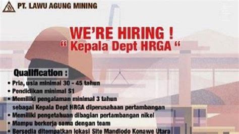 Lowongan Kerja Kendari PT Lawu Agung Mining Buka Loker Kepala Dept