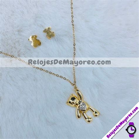 Acero Inoxidable Set Collar Y Aretes Osito Teddy Con Diamantes Dorado