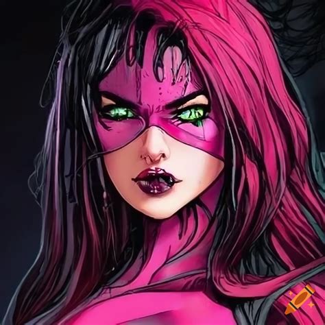 Illustration Of A Pink Widow Spider Woman With Black Hair And Green Eyes