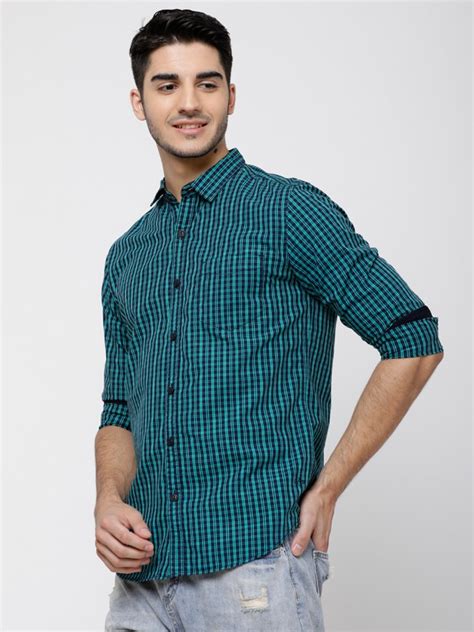 Buy Locomotive Navy Blue And Green Slim Fit Checked Casual Shirt For Men