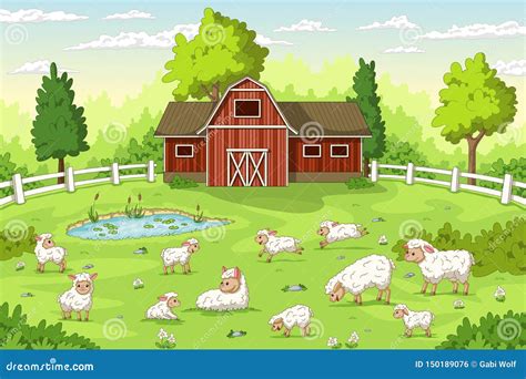 Sheep on a Farm stock vector. Illustration of water - 150189076