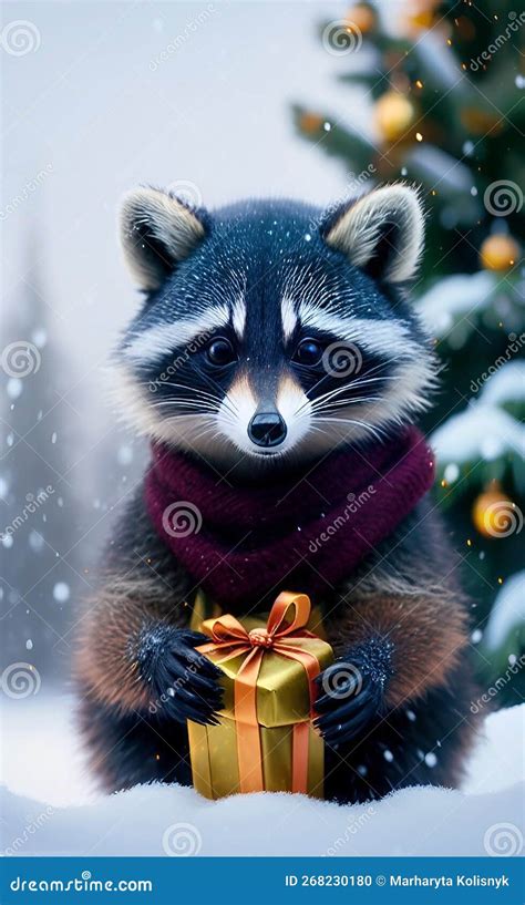 An Adorable Raccoon Holding A Gift Among The Snow And Fir Branches 4