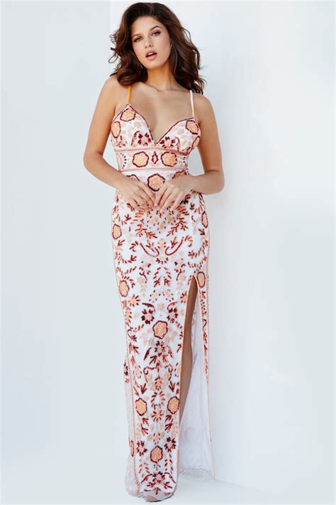 Jovani 08546 Nude Pink Embellished V Neck Evening Dress Jovani