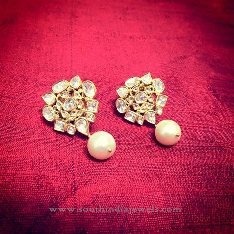 Gold Ear Stud With Pearl Drop South India Jewels