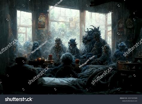 Scary Nightmare Monsters Cosy Room Horrible Stock Illustration