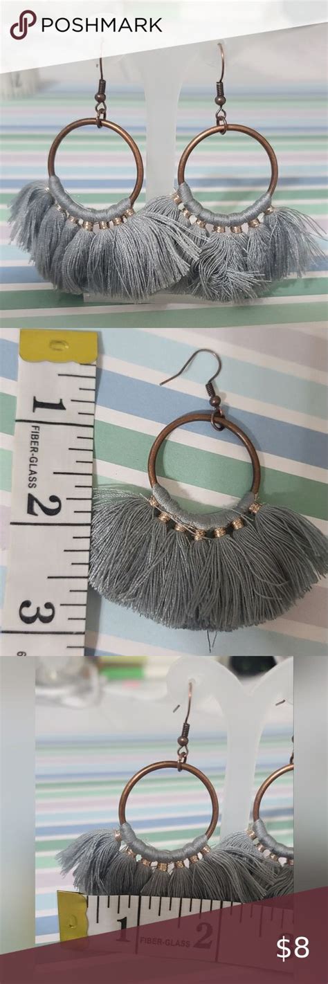 Gold Dangle Hoop Earrings Bohemian Grey Tassel Fringe Dangle Hoop