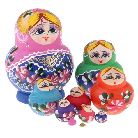 Set Of 10pcs Chromatic Wooden Russian Nesting Doll Babushka Matryoshka