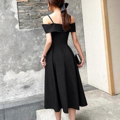 Black Off Shoulder Tea Length Wedding Party Dress Black Prom Dress