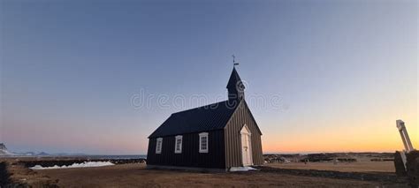 Black Budir Church in Iceland (Budakirkja) Against a Scenic Sunset ...