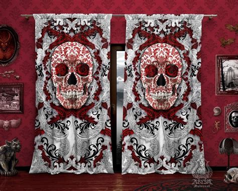 Gothic Curtains 50x84 Printed Window Panels White Goth Home Decor Macabre Skull Art Print