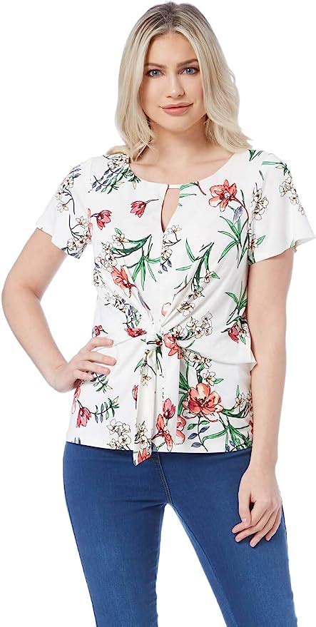 Roman Originals Women Floral Tie Front Top Ladies Short Sleeve Jersey Daytime Work Smart Going