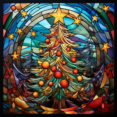 Radiant Starlight Christmas Tree Stained Glass Art Digital Print Ai