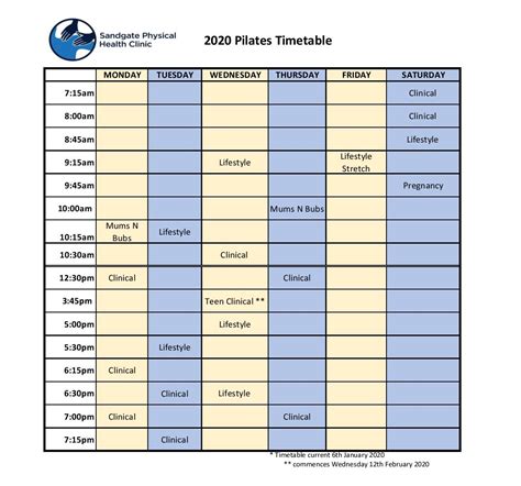 Class Timetable Sandgate Physical Health Clinic