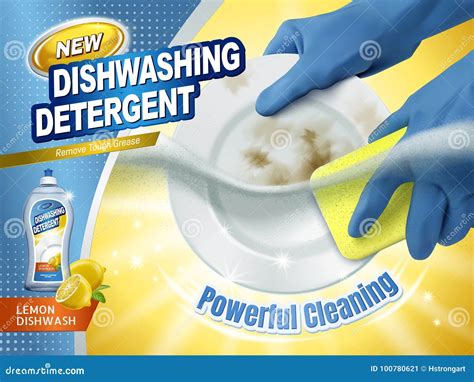 Dishwashing Liquid Products Blue Package Design Realistic With Plates