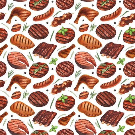 Premium Photo Watercolor Pattern Seamless Grilled Meat Hamburger And