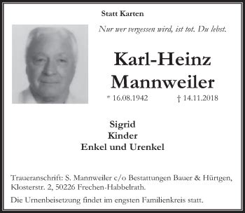 Traueranzeigen Von Karl Heinz Mannweiler WirTrauern