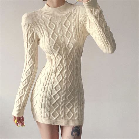 Womens Long Sleeve Knitted Sweater Dress Winter Knitted Etsy