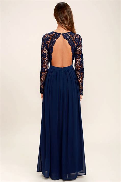 Awaken My Love Navy Blue Long Sleeve Lace Maxi Dress Klær Inspirasjon