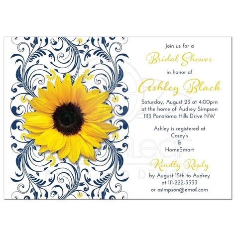 Navy Blue And White Floral Yellow Sunflower Elegant Bridal Shower Invitation Blue Sunflower