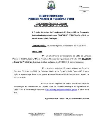 CONCURSO PÚBLICO Nº 001 2019 Prefeitura Municipal de Figueirópolis d