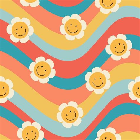 Premium Vector 70s Seamless Pattern With Daisy Groovy Flowers