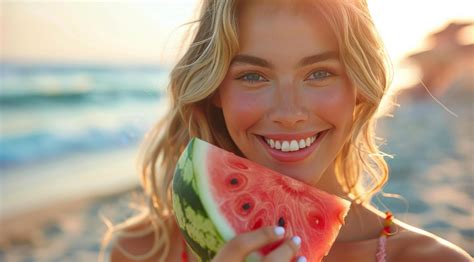 Woman Eating Slice Of Watermelon On Beach Stock Photo At Vecteezy