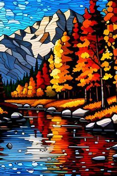 Faux Stained Glass Image Of A River Running Amid Autumn Foliage Four