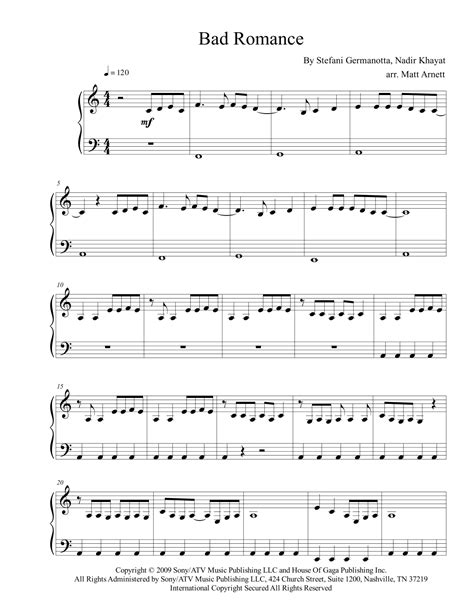 Bad Romance Arr Matt Arnett By Lady Gaga Sheet Music For Easy Piano