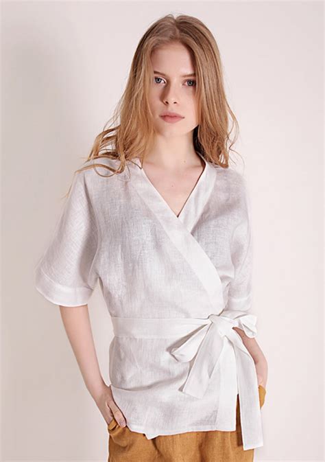 Linen Wrap Top Denise In Optic White Linenhandmadestudio