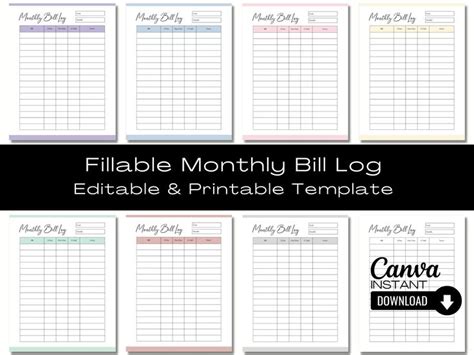 Monthly Bill Tracker Template Editable Monthly Bill Log Printable Bill Payment Tracker Ready