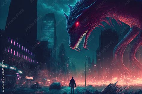 Sci Fi Scene Showing The Giant Monster Invading Night City Digital