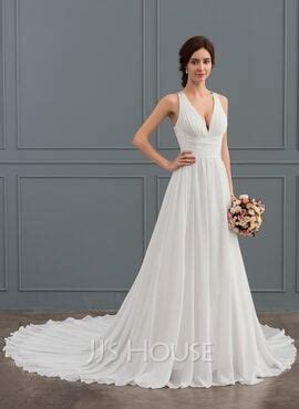 A Line Princess V Neck Chapel Train Chiffon Wedding Dress With Beading