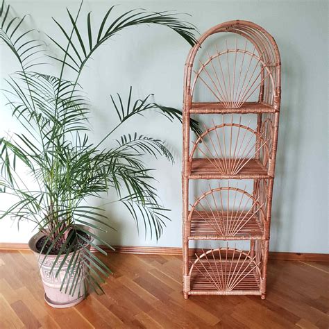 56 Inch Tall Rattan Shelf Wicker Arched Top Bookcase Planter Etsy