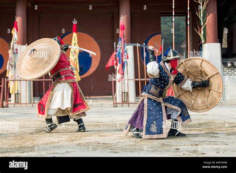 Korean Soldier With Traditional Joseon Dynasty During Show Martial Arts