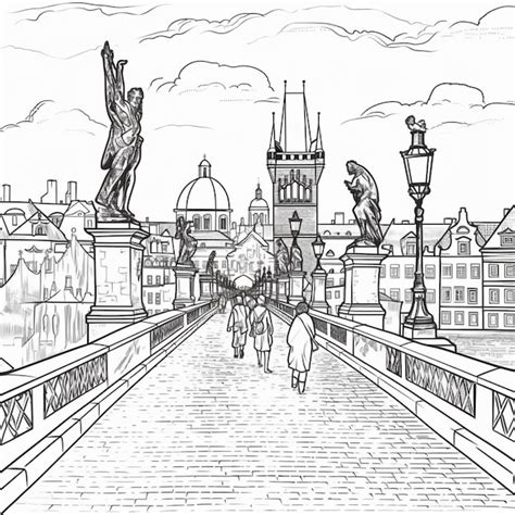 Un Dibujo De Un Puente Con Una Estatua Y Gente Caminando A Trav S De L