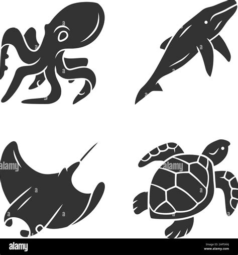 Underwater World Glyph Icons Set Swimming Octopus Turtle Whale