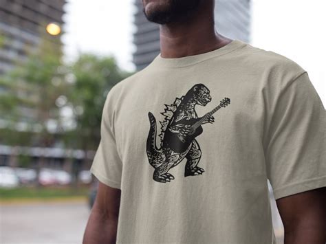 Godzilla Playing Guitar Shirt Mens Guitar Tshirt Dinosaur Cool Tee