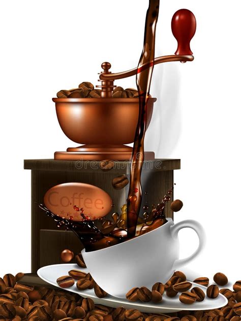 Manual Coffee Grinder Cup Of Coffee And Splash Effect D Vector High