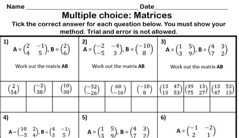 Aqa Level 2 Certificate Further Maths Matrices Multiple Choice Worksheet Teaching Resources