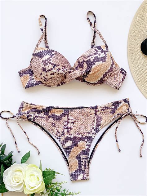 Bikini Badeanzug F R Frauen Python Print Muster Schn Rgurte Hals