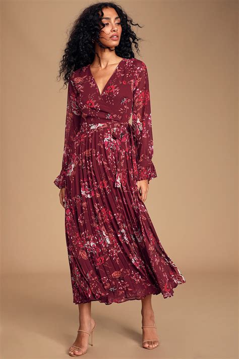 Lovely Burgundy Floral Print Dress Pleated Maxi Wrap Maxi Lulus