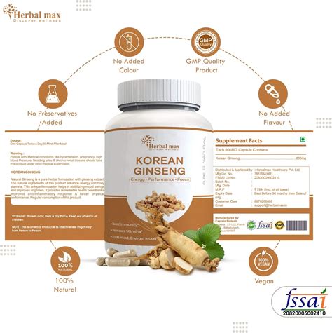 Buy Herbal Max Mens And Womens Korean Ginseng 800mg 60 Veg Capsule