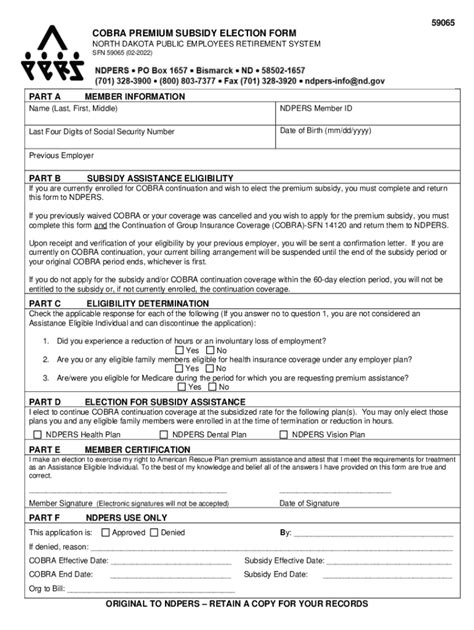 Fillable Online SFN 59065 COBRA Premium Subsidy Election Form Fax Email