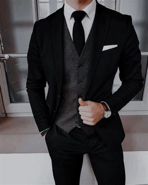 Mens Black 3 Piece Suit With Grey Vest Classic Notch Lapel Slim Fit