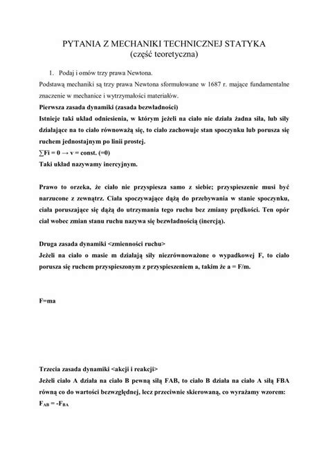 PDF PYTANIA Z MECHANIKI TECHNICZNEJ STATYKA Oparta O Prawa Newtona W