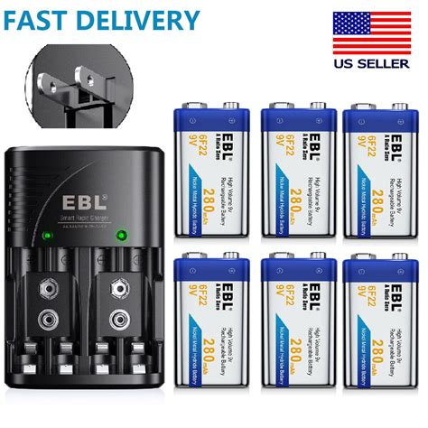 EBL 6 Pack 280mAh 9 Volt NiMH Rechargeable Batteries With 2 Slot 9V