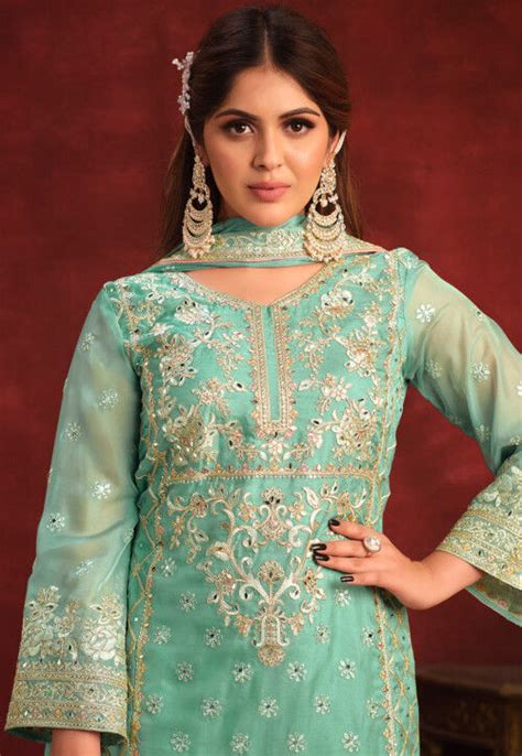 Buy Embroidered Organza Pakistani Suit In Sea Green Online Kch