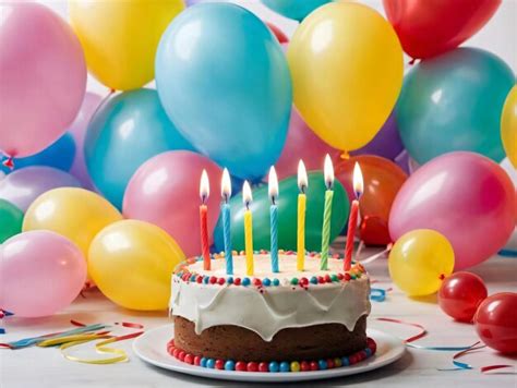 Premium Ai Image A Birthday Cake With Lit Candles Surrounded By Balloons