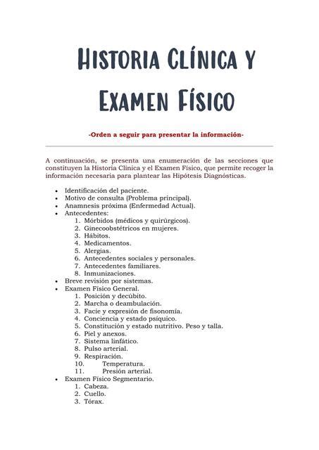 Historia Cl Nica Y Examen F Sico Orden Udocz